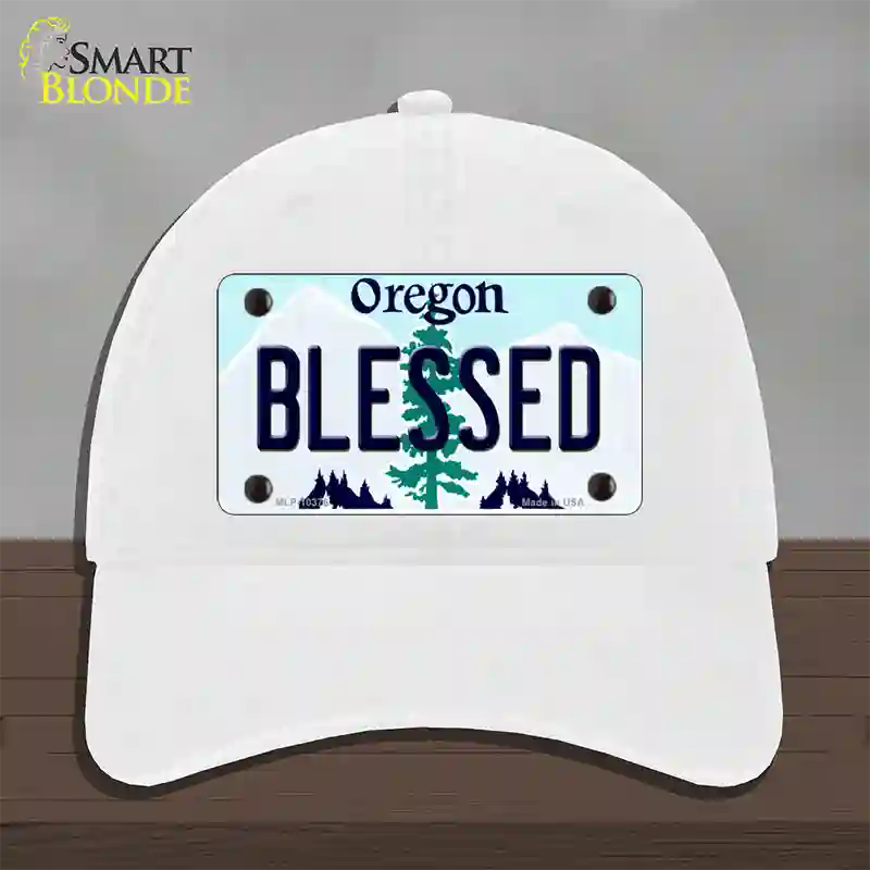 Blessed Oregon Novelty License Plate Hat Unconstructed Cotton / White