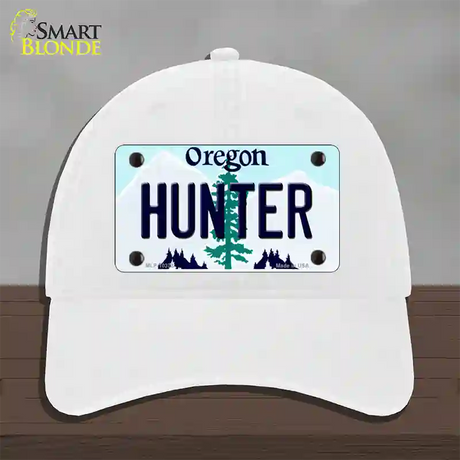 Hunter Oregon Novelty License Plate Hat Unconstructed Cotton / White