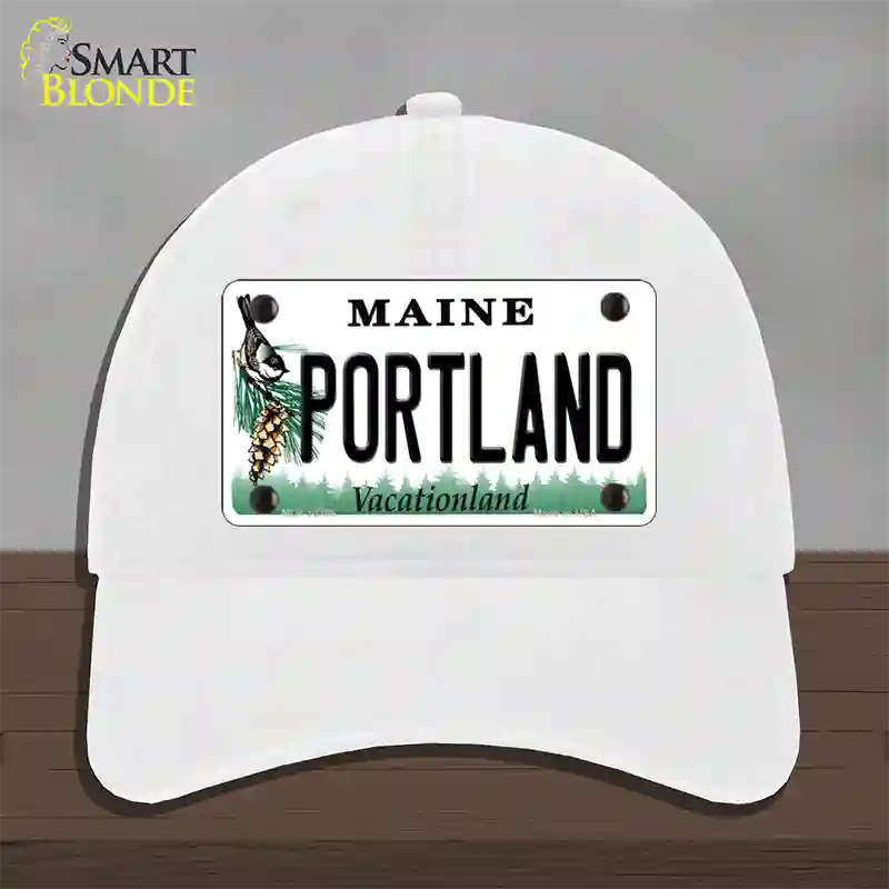 Portland Maine Novelty License Plate Hat Unconstructed Cotton / White