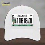 At The Beach Maine Novelty License Plate Hat Unconstructed Cotton / White