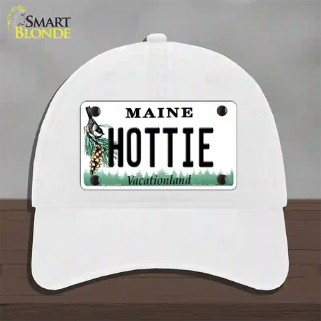 Hottie Maine Novelty License Plate Hat Unconstructed Cotton / White