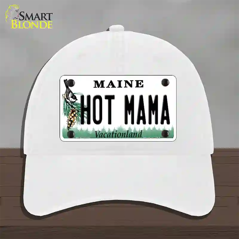 Hot Mama Maine Novelty License Plate Hat Unconstructed Cotton / White