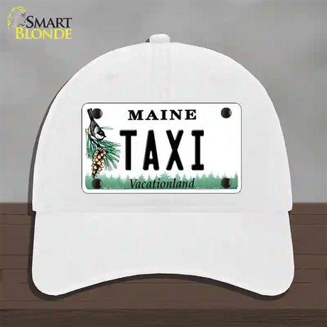 Taxi Maine Novelty License Plate Hat Unconstructed Cotton / White