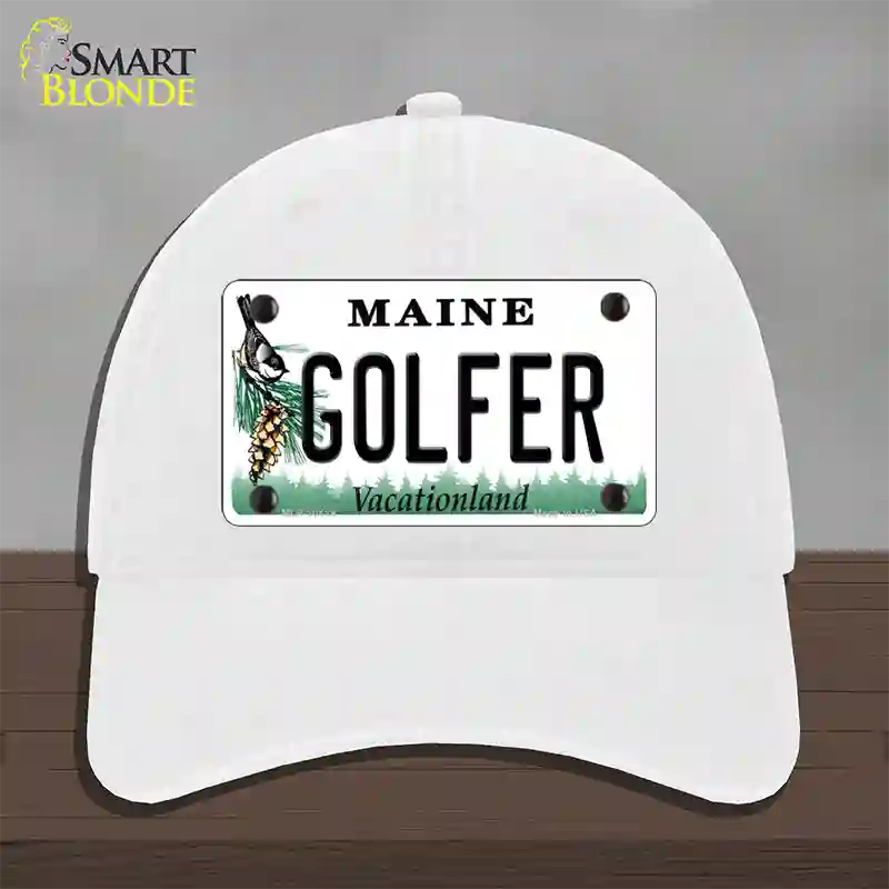 Golfer Maine Novelty License Plate Hat Unconstructed Cotton / White