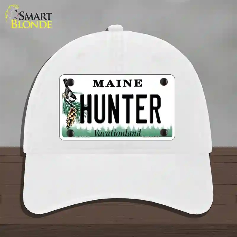 Hunter Maine Novelty License Plate Hat Unconstructed Cotton / White