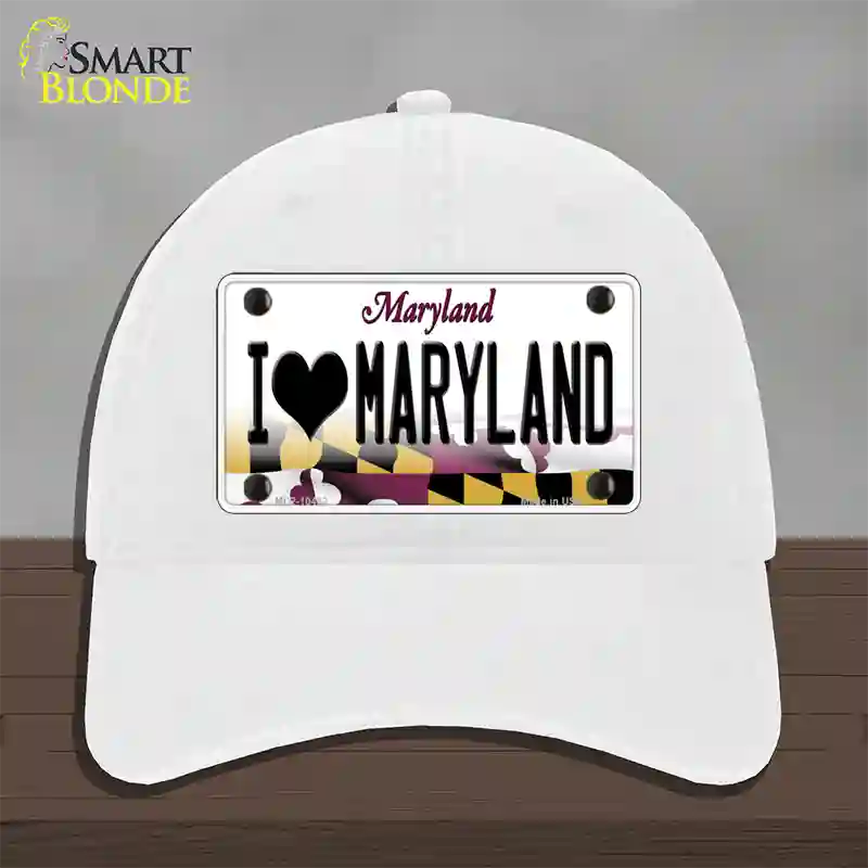 I Love Maryland Novelty License Plate Hat Unconstructed Cotton / White