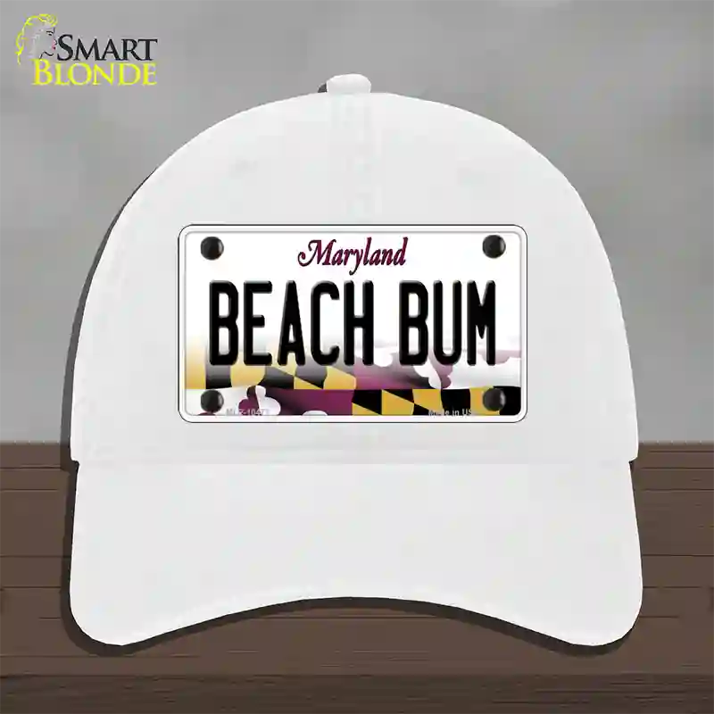 Beach Bum Maryland Novelty License Plate Hat Unconstructed Cotton / White