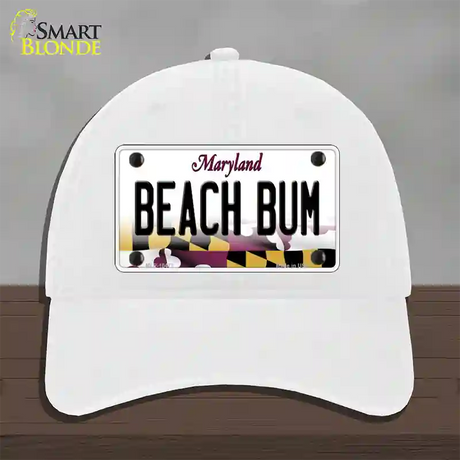 Beach Bum Maryland Novelty License Plate Hat Unconstructed Cotton / White