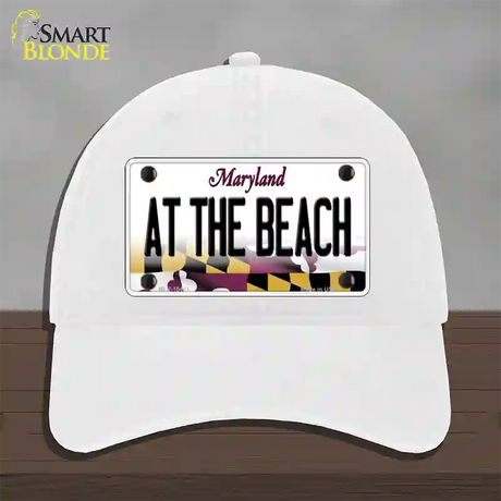 At The Beach Maryland Novelty License Plate Hat Unconstructed Cotton / White