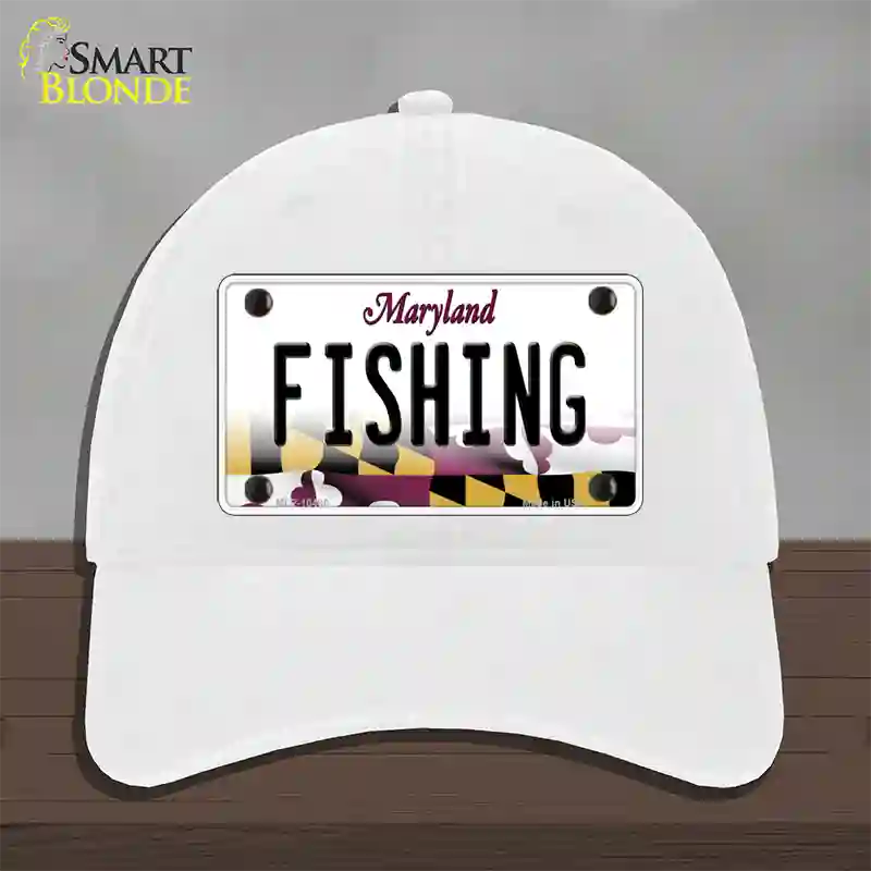 Fishing Maryland Novelty License Plate Hat Unconstructed Cotton / White