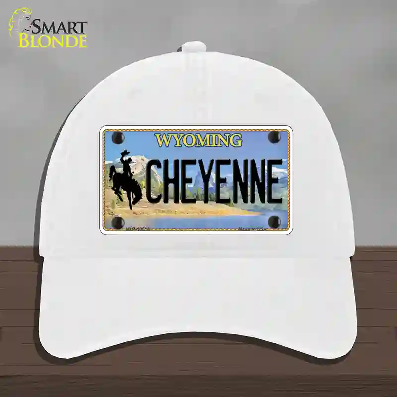 Cheyenne Wyoming Novelty License Plate Hat Unconstructed Cotton / White