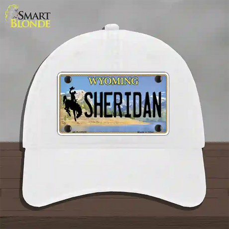 Sheridan Wyoming Novelty License Plate Hat Unconstructed Cotton / White