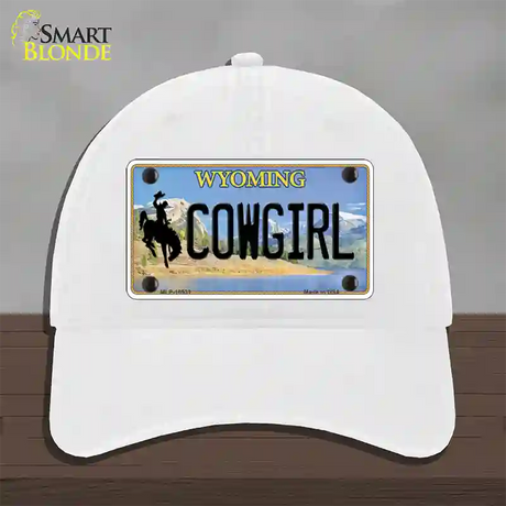 Cowgirl Wyoming Novelty License Plate Hat Unconstructed Cotton / White