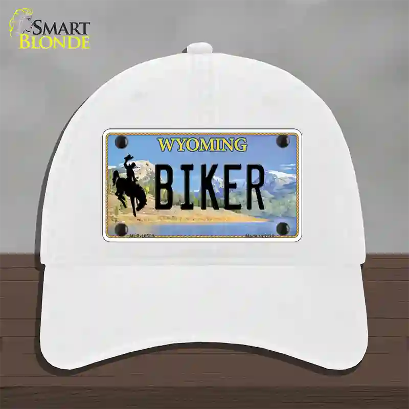 Biker Wyoming Novelty License Plate Hat Unconstructed Cotton / White