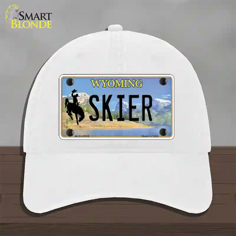 Skier Wyoming Novelty License Plate Hat Unconstructed Cotton / White