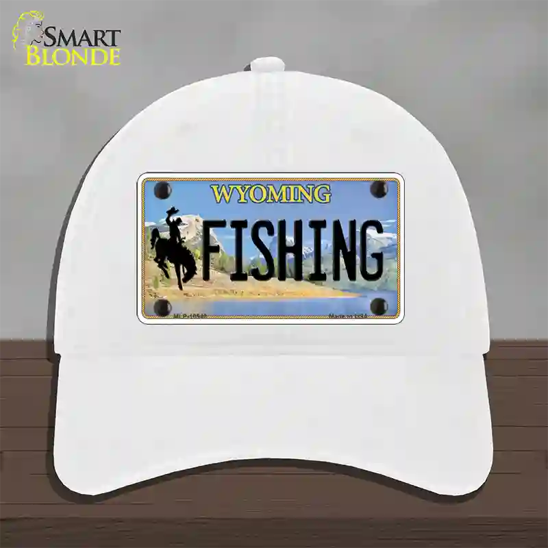 Fishing Wyoming Novelty License Plate Hat Unconstructed Cotton / White