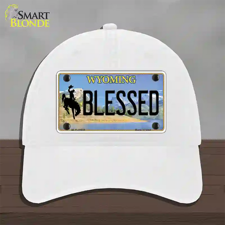 Blessed Wyoming Novelty License Plate Hat Unconstructed Cotton / White