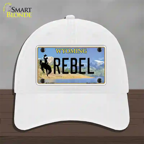 Rebel Wyoming Novelty License Plate Hat Unconstructed Cotton / White