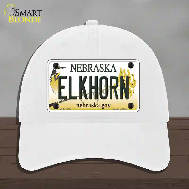 Elkhorn Nebraska Novelty License Plate Hat Unconstructed Cotton / White