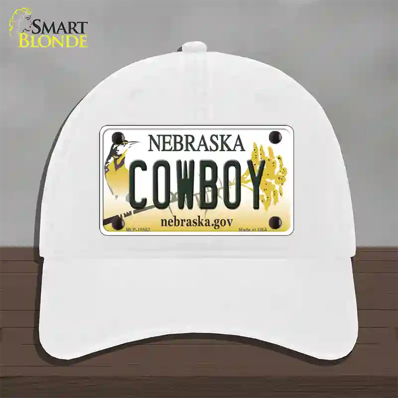 Cowboy Nebraska Novelty License Plate Hat Unconstructed Cotton / White