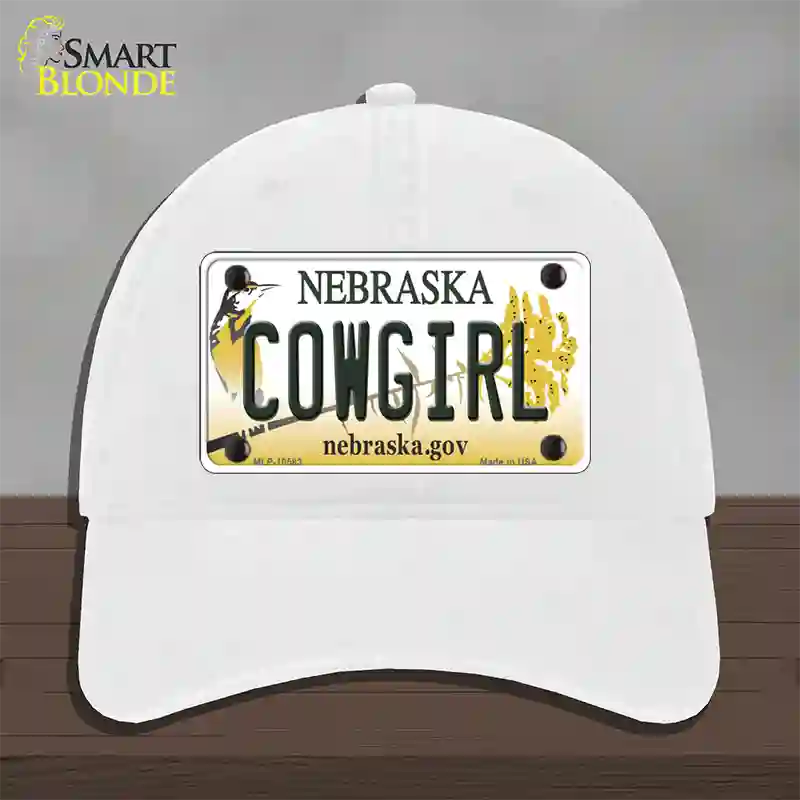 Cowgirl Nebraska Novelty License Plate Hat Unconstructed Cotton / White