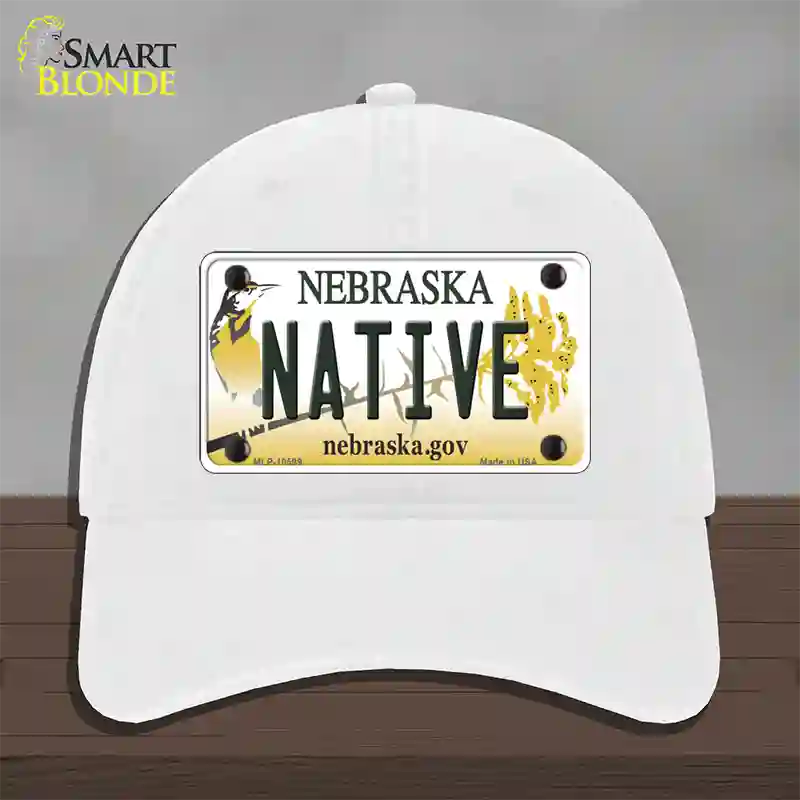 Native Nebraska Novelty License Plate Hat Unconstructed Cotton / White