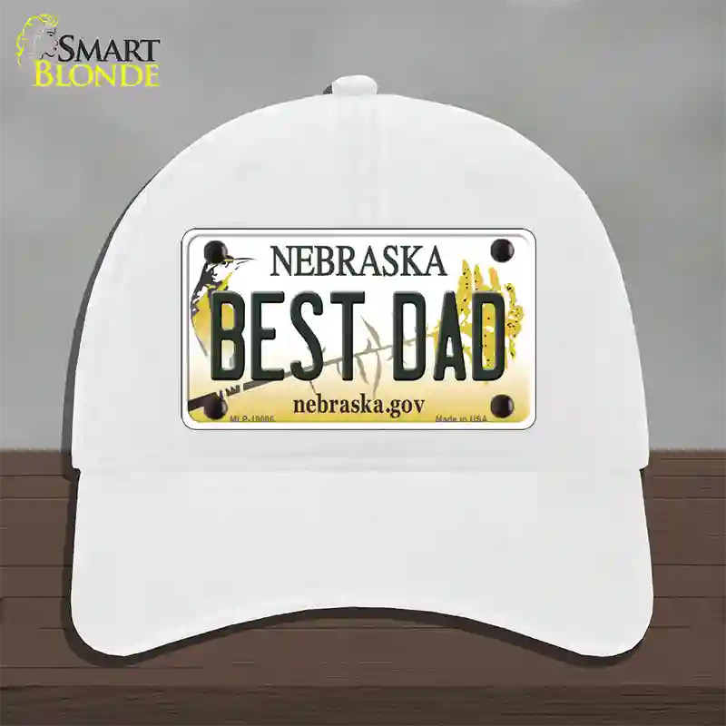 Best Dad Nebraska Novelty License Plate Hat Unconstructed Cotton / White