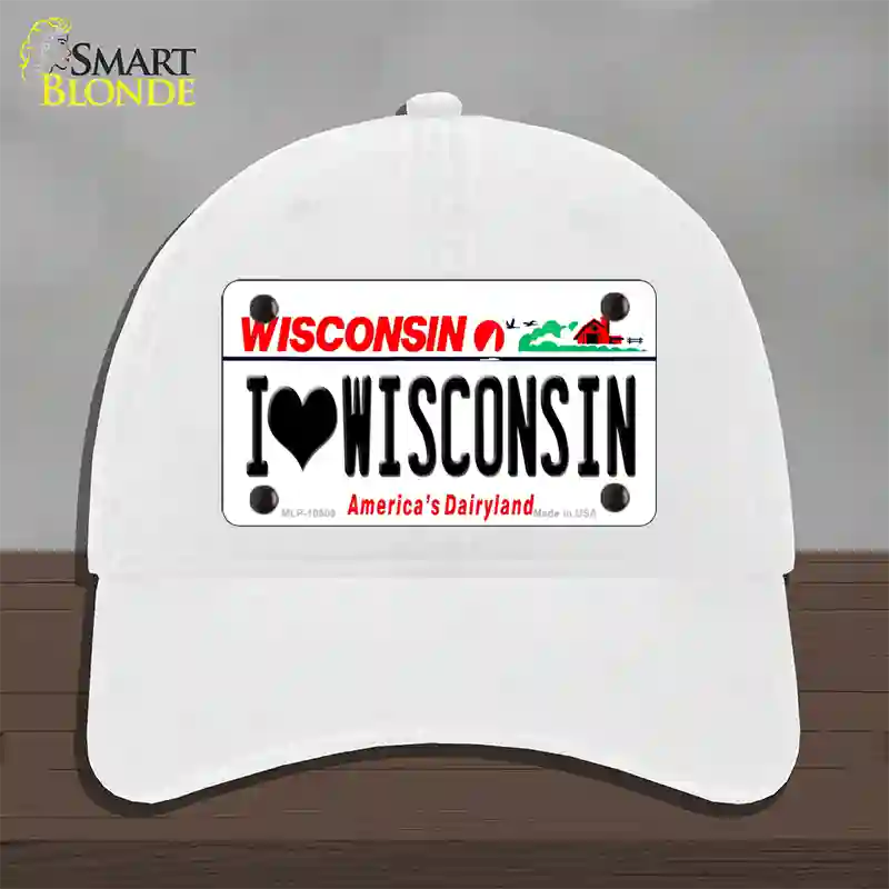 I Love Wisconsin Novelty License Plate Hat Unconstructed Cotton / White