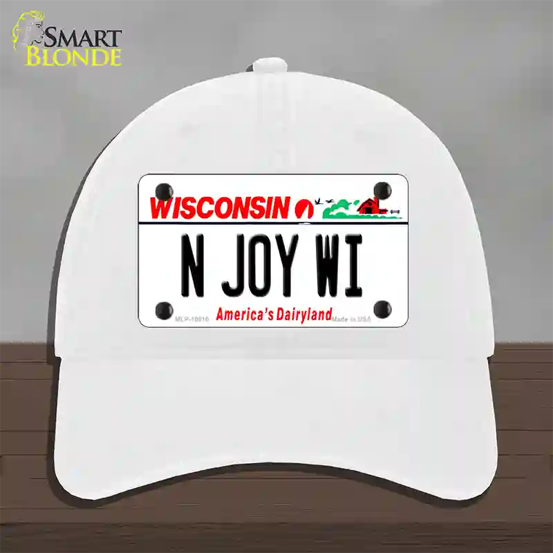 N Joy WI Wisconsin Novelty License Plate Hat Unconstructed Cotton / White