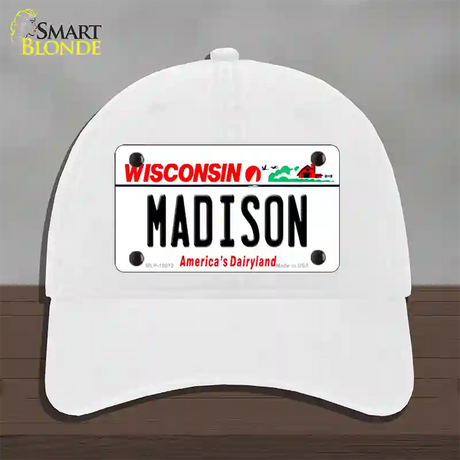 Madison Wisconsin Novelty License Plate Hat Unconstructed Cotton / White