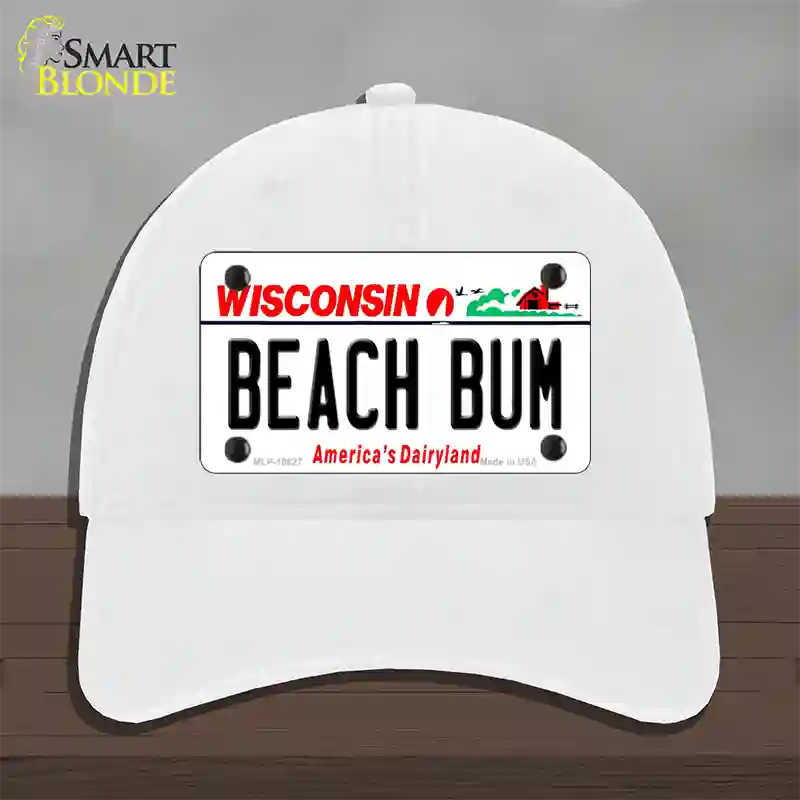 Beach Bum Wisconsin Novelty License Plate Hat Unconstructed Cotton / White