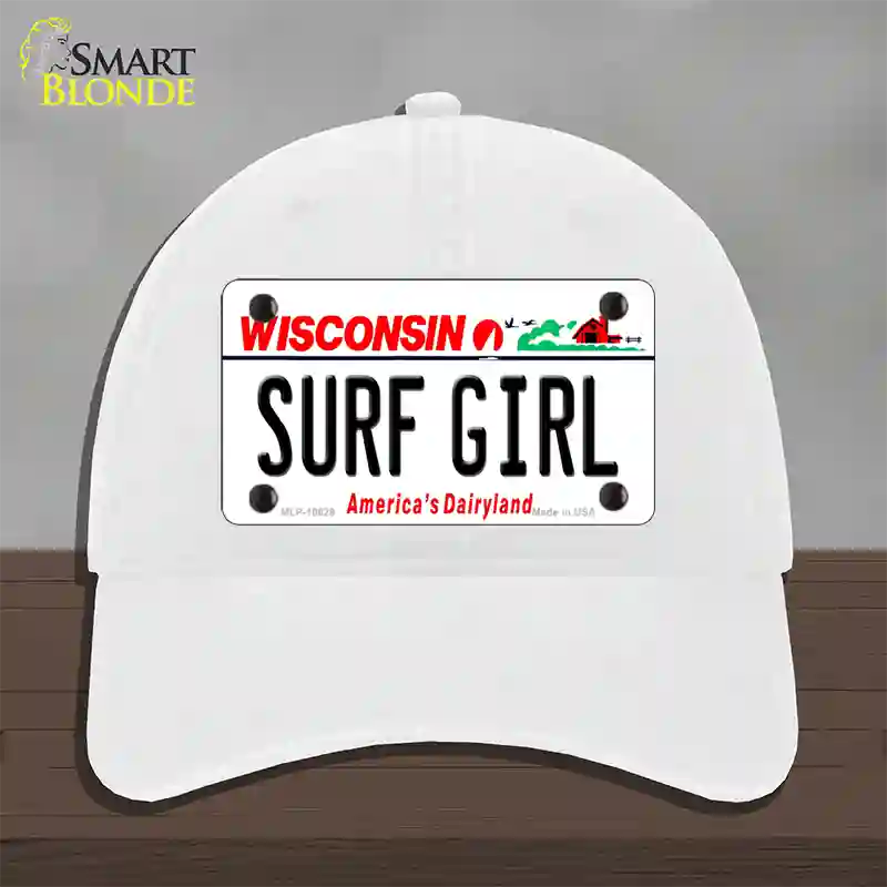 Surf Girl Wisconsin Novelty License Plate Hat Unconstructed Cotton / White