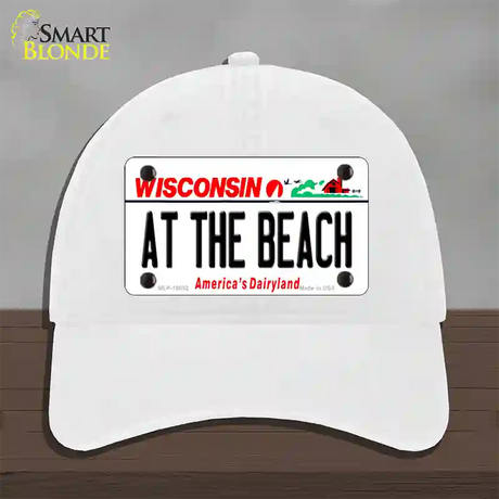 At The Beach Wisconsin Novelty License Plate Hat Unconstructed Cotton / White