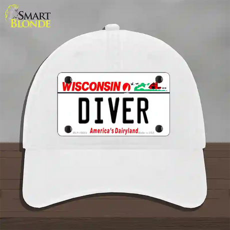 Diver Wisconsin Novelty License Plate Hat Unconstructed Cotton / White