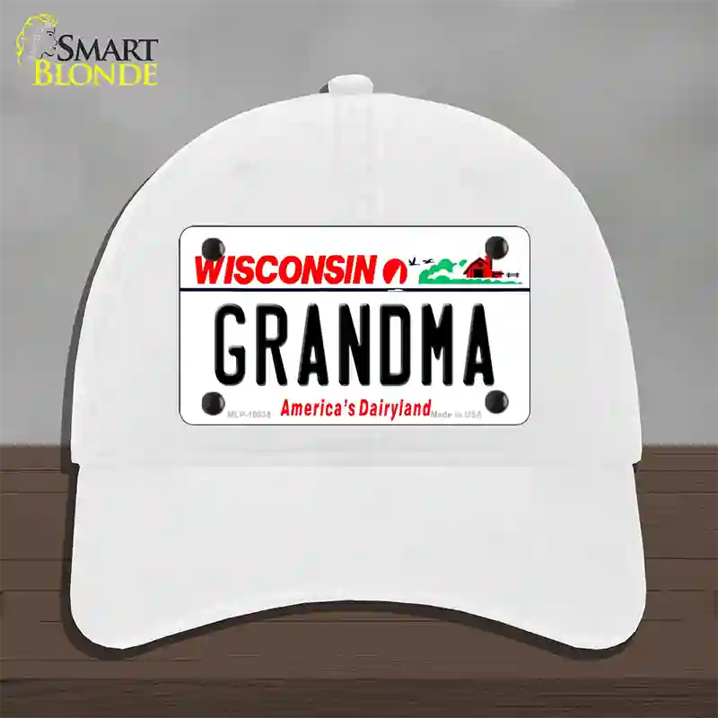 Grandma Wisconsin Novelty License Plate Hat Unconstructed Cotton / White