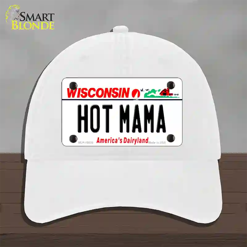 Hot Mama Wisconsin Novelty License Plate Hat Unconstructed Cotton / White