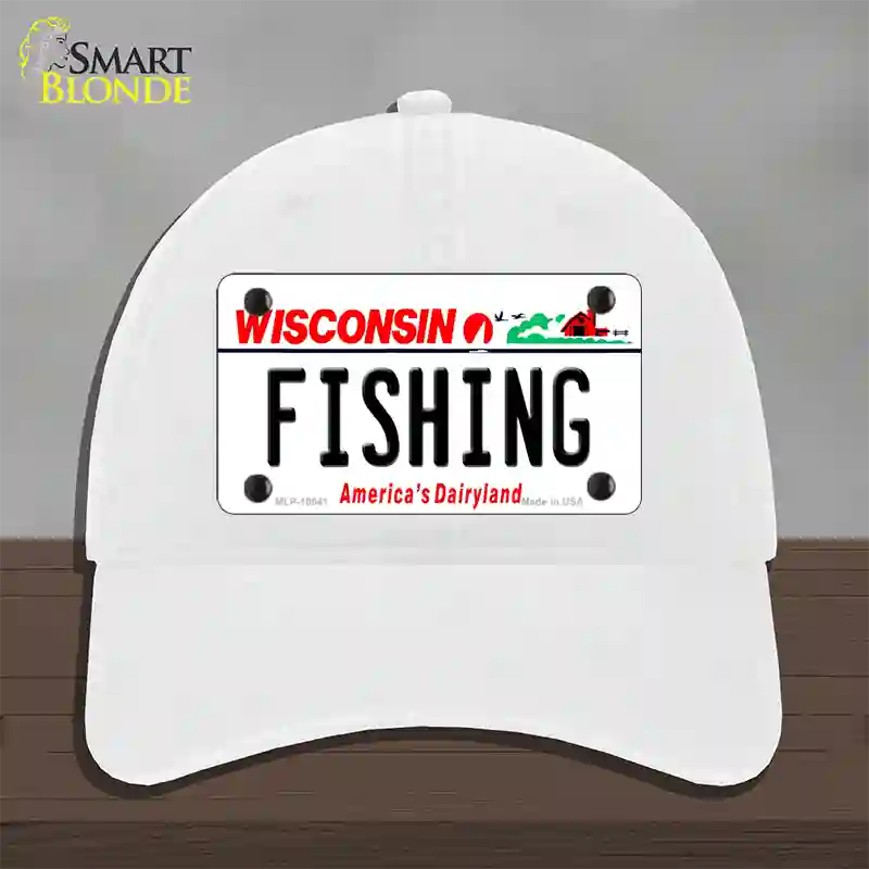 Fishing Wisconsin Novelty License Plate Hat Unconstructed Cotton / White