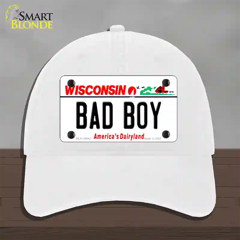 Bad Boy Wisconsin Novelty License Plate Hat Unconstructed Cotton / White