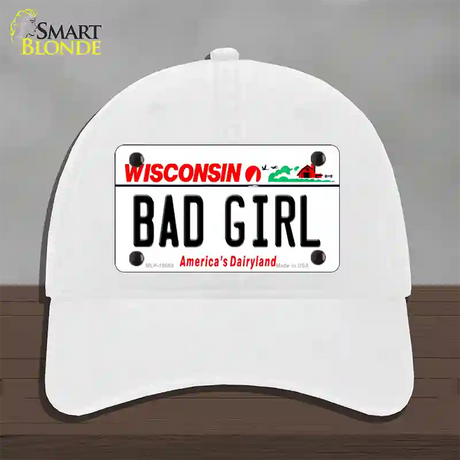 Bad Girl Wisconsin Novelty License Plate Hat Unconstructed Cotton / White