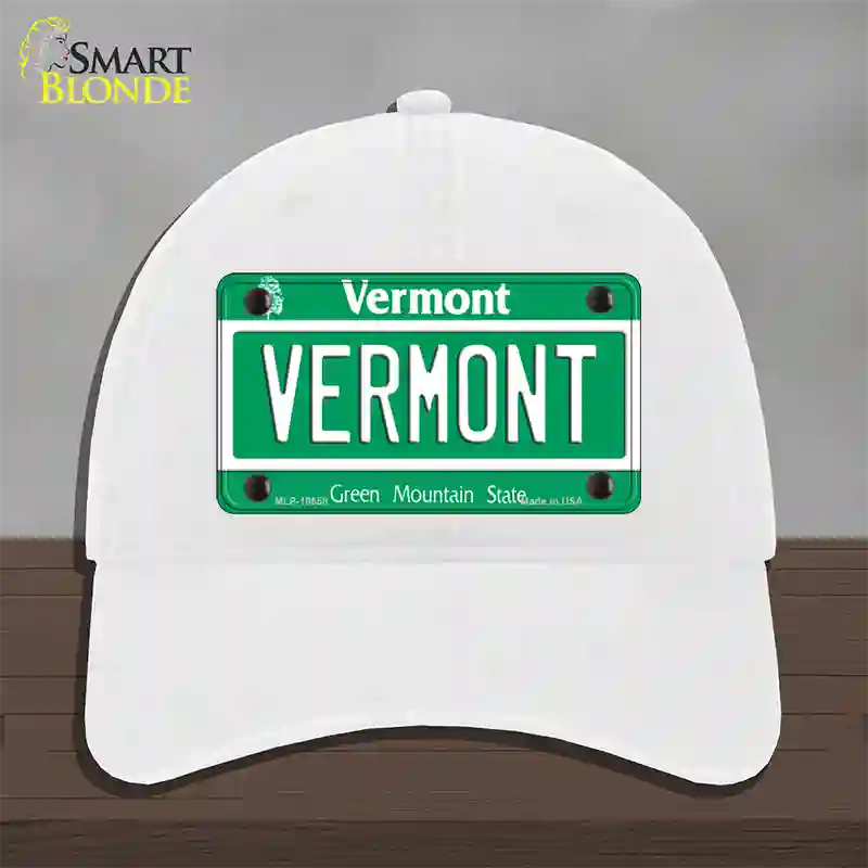 Vermont Green Mountain State Novelty License Plate Hat Unconstructed Cotton / White