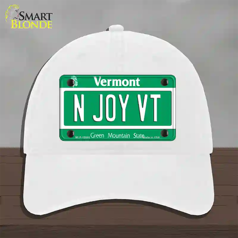 N Joy VT Vermont Novelty License Plate Hat Unconstructed Cotton / White