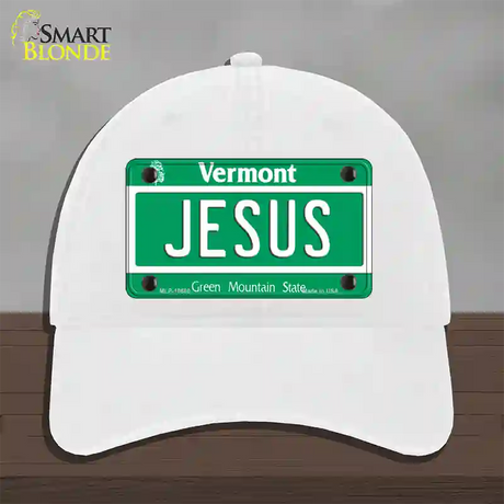 Jesus Vermont Novelty License Plate Hat Unconstructed Cotton / White