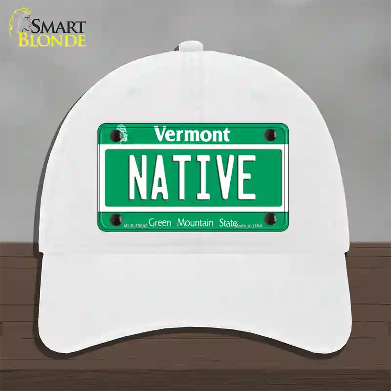 Native Vermont Novelty License Plate Hat Unconstructed Cotton / White