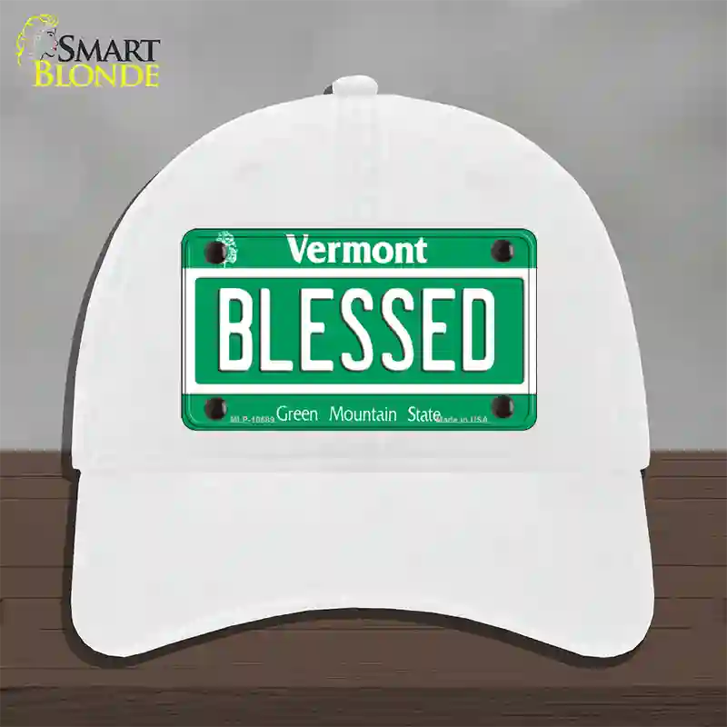 Blessed Vermont Novelty License Plate Hat Unconstructed Cotton / White