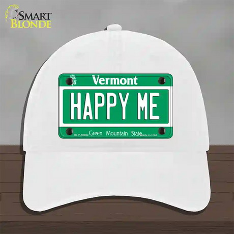 Happy Me Vermont Novelty License Plate Hat Unconstructed Cotton / White