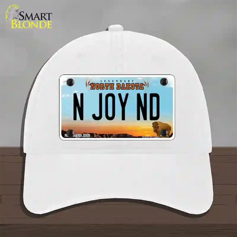 N Joy ND North Dakota Novelty License Plate Hat Unconstructed Cotton / White