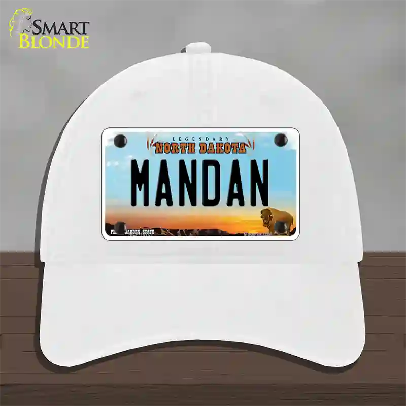 Mandan North Dakota Novelty License Plate Hat Unconstructed Cotton / White