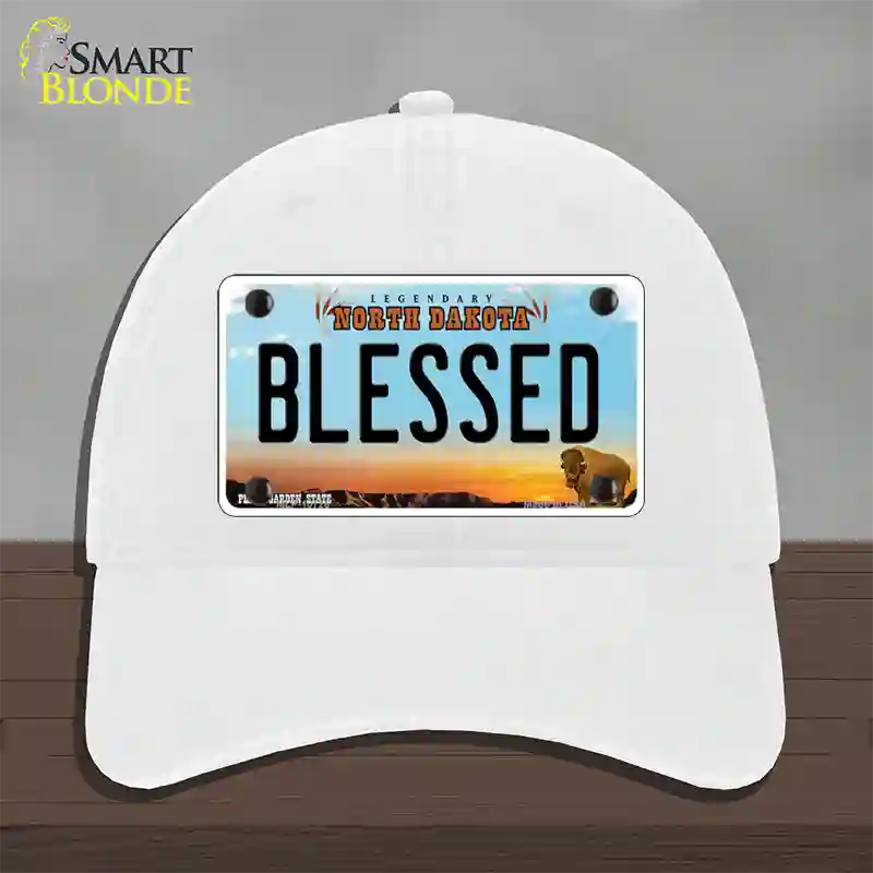 Blessed North Dakota Novelty License Plate Hat Unconstructed Cotton / White