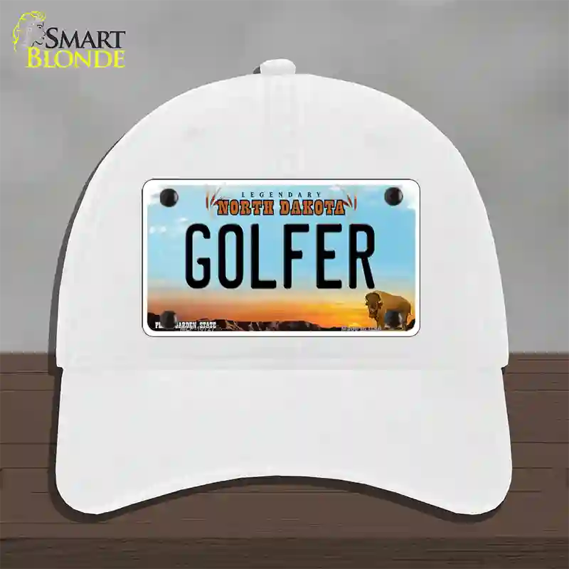 Golfer North Dakota Novelty License Plate Hat Unconstructed Cotton / White