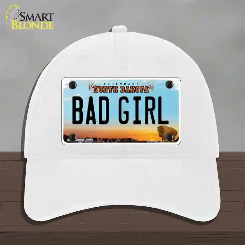 Bad Girl North Dakota Novelty License Plate Hat Unconstructed Cotton / White